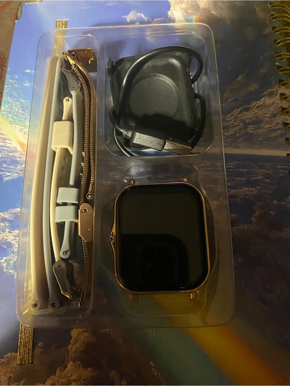 Gold-tone Square Smartwatch Case with White and Gold Bands